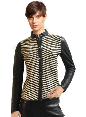 VERA WOMAN LEATHER SHIRT WITH LEATHER CONTRAST WEAVE