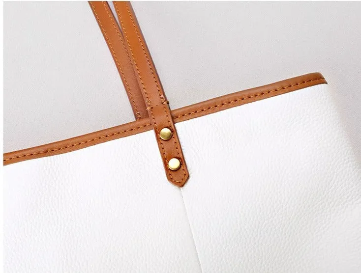 White Color Block Large Leather Tote