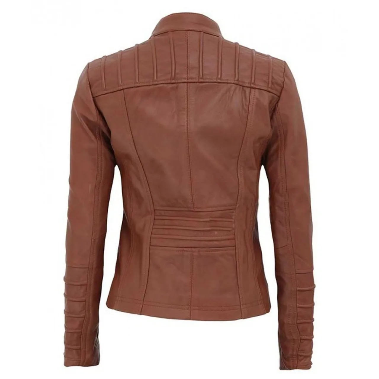 Women Tan Quilted Leather Biker Jacket